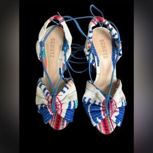 SCHUTZ Multicolor Bow Lace-Up Heels — Blue, White, Pink, Green, Orange